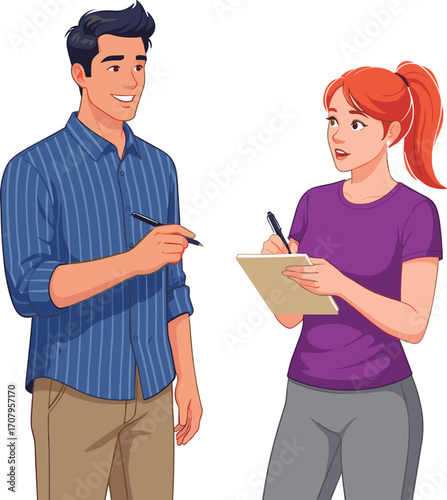 Two young professionals discussing ideas, taking notes, collaborating in office, casual business meeting, teamwork, communication, brainstorming session, creative discussion, working together
