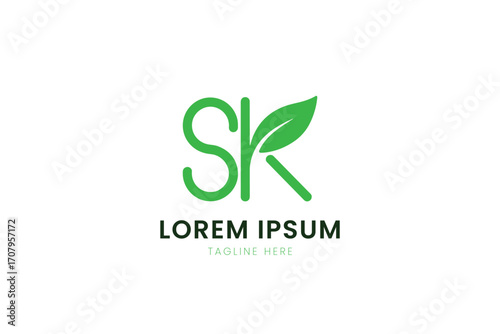 Minimalist green sk logo with leaf element for nature inspired brands