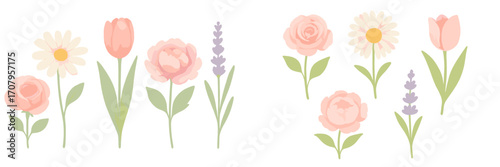 Delicate watercolor spring flowers including roses, elegant tulips, lush peonies, cheerful daisies, and fragrant lavender blossoms