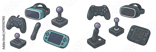 A collection of modern and retro video game controllers, virtual reality headsets, and handheld consoles