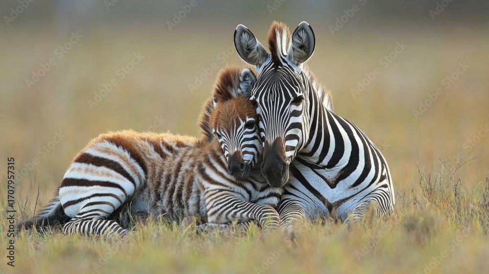 Naklejka premium Two zebras relaxing in the savannah, useful for articles about wildlife, travel, or children's books about animals.