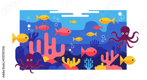 Vibrant Underwater Scene with Fish, Coral, and Octopuses Illustration.