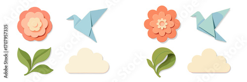 Colorful paper cut style spring elements including layered flowers, origami birds, green leaves, and soft clouds