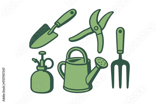 Set of essential gardening tools for planting, pruning, watering, and general garden maintenance tasks