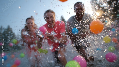 Adults playing water balloon fight in slow motion (splash action)