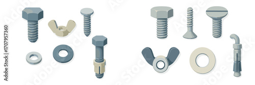Collection of various metal fasteners including bolts, screws, nuts, and washers for construction and DIY projects