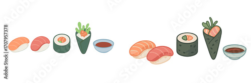 Colorful selection of traditional Japanese sushi nigiri, maki rolls, and hand rolls with dipping sauce