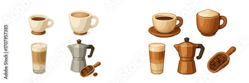 Various coffee beverages and brewing equipment, including cups, latte glass, moka pots, and coffee beans