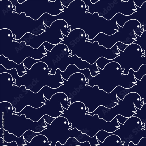 Seamless pattern with abstract waves smoothly merging into the silhouette of a whale on dark blue background