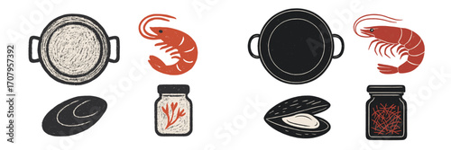 Culinary collection featuring fresh seafood, cooking pans, mussels, shrimp, and jars of spices for gourmet dishes