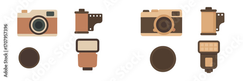 Collection of vintage photography equipment featuring retro cameras, film rolls, lens caps, and external flashes