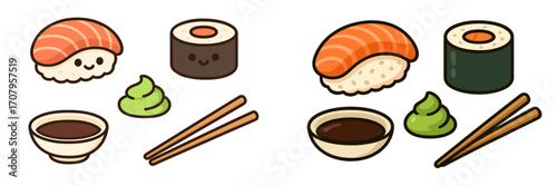 Cute and traditional Japanese sushi set with nigiri, maki rolls, wasabi, soy sauce, and chopsticks