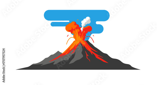 Volcano erupting with lava and smoke against a blue sky.
