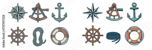 Vintage nautical navigation and marine sailing equipment including compass rose, anchor, ship wheel, sextant, rope, lifebuoy