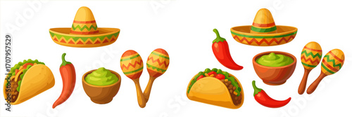 Vibrant Mexican cuisine and celebration symbols including sombrero, taco, guacamole, chili pepper, and maracas