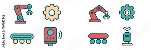 Set of modern industrial automation and robotics technology icons featuring robotic arms, gears, and smart sensors