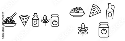 Delicious Italian cuisine elements featuring pasta, pizza, olive oil, fresh basil, and tomato sauce, perfect for Mediterranean cooking and gourmet recipes