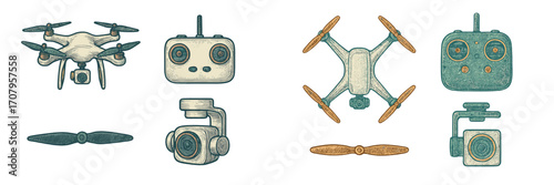 Set of modern drone technology elements including quadcopters, remote controllers, propellers, and gimbal cameras