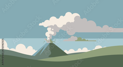 Volcano erupting with smoke and ash.