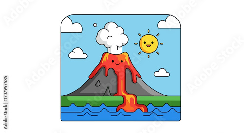 Volcano erupting with lava flowing into the ocean under a sunny sky.
