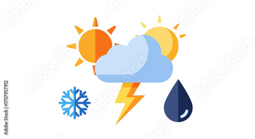 Weather Icons - Sun, Cloud, Lightning, Snowflake, Raindrop Representing Diverse Weather Conditions.