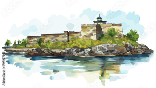 Suomenlinna Fortress. Suomenlinna Fortress watercolor vector illustration