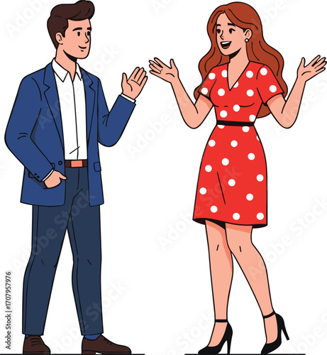 Businessman and woman talking, friendly office conversation, colleagues interaction, casual business meeting, male and female communication, modern professional workplace illustration