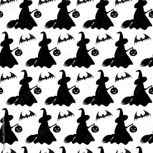 Silhouettes Witch in Cloak and Hat with Broom Jack Lantern and Bat Seamless Pattern Halloween Fond