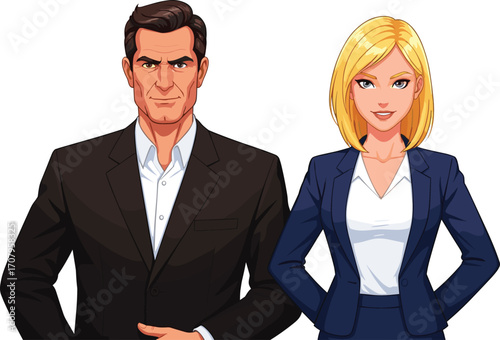 Confident Business Executives, Man and Woman in Formal Suit, Corporate Leadership Portrait, Serious Professionals, Office Team, Modern Business Environment