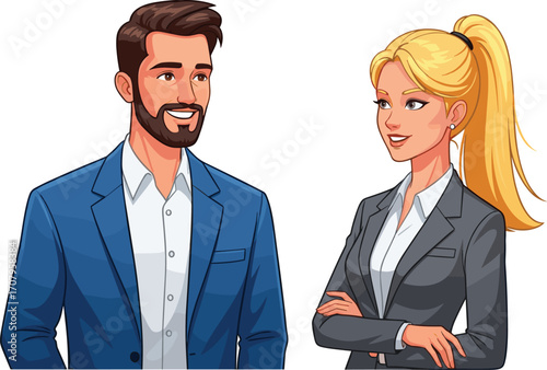 Confident businessman and businesswoman standing together, professional corporate attire, business partnership, office teamwork, successful businesspeople vector illustration