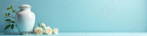 Light blue background, urn, photo frame; elegant funeral design, serenity, photo frame, memory