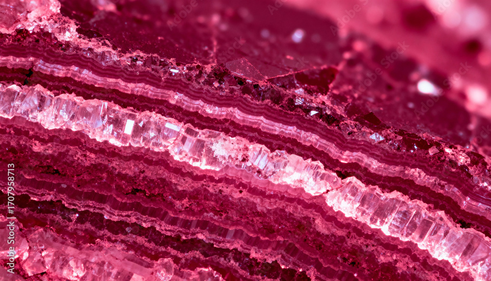 Fototapeta premium Macro photo of a deep pink mineral. Microscopic view of a geological sample. Abstract background of crystal stone texture. Cross-section of a ruby or magenta colored geode.