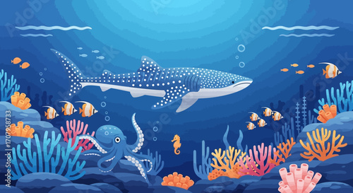 Whale shark swimming gracefully in a vibrant coral reef ecosystem.
