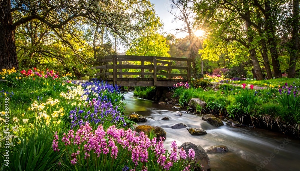 Obraz premium Wooden Bridge Over Stream in a Lush Spring Garden Surrounded by Greenery