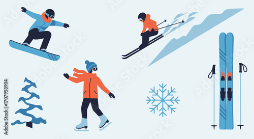 Winter sports activities featuring skiers, snowboarders, and ice skaters.