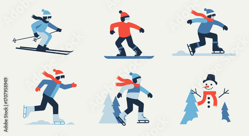 Winter sports activities featuring skiing snowboarding ice skating and snowman.