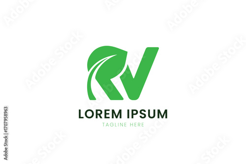 Minimalist green rv logo design with leaf element and lorem ipsum text placeholder
