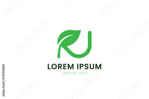 Minimalist green leaf and letter ru logo design for organic natural brands