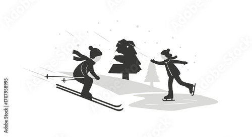 Winter sports activities with skiing and ice skating figures.