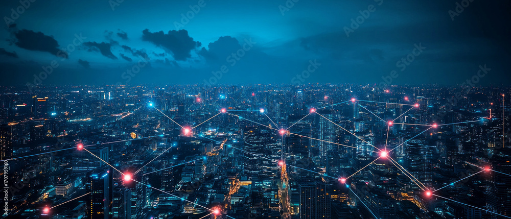Fototapeta premium A view of the city at night with a network of glowing connections between buildings — for discussing network technologies, smart cities, and digital infrastructure.