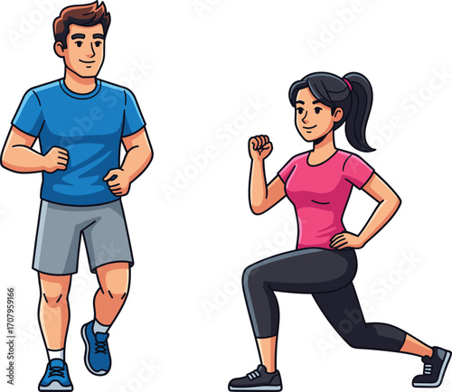 Man jogging, woman doing lunges, fitness workout, healthy lifestyle, athletic couple exercising, outdoor activity, training illustration, sports cartoon character vector