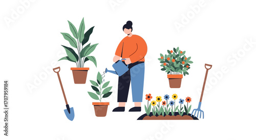 Woman Gardening with Plants and Tools in a Serene Setting.