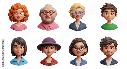 Diverse family portraits showcase eight charming cartoon avatars expressing joy and on transparent background