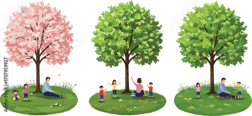 Parents and children enjoying time under trees, spring and summer nature scenes, relaxing outdoors, family picnic, green park, blooming flowers.