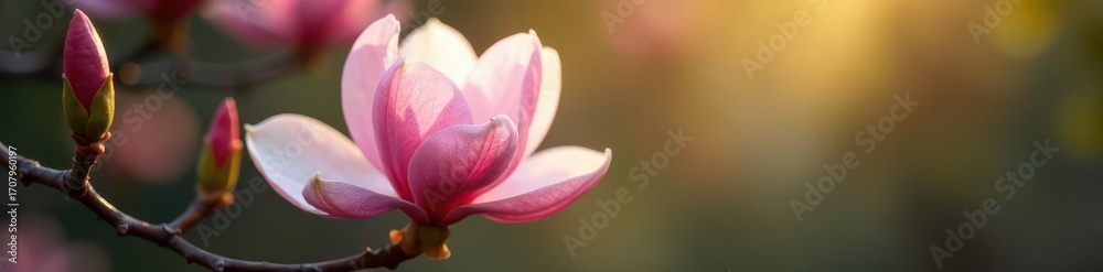 Fototapeta premium Pale pink magnolia blossom, petals unfurling in soft light, spring, blossom