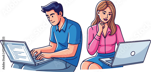 Young man and woman working on laptops together, programming, coding, teamwork collaboration, technology development, software engineers, digital workspace, modern office environment illustration