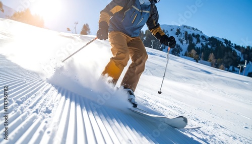 Skier going downhill on a sunny, snow-covered mountain with trees in background