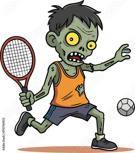 Cartoon zombie playing tennis aggressively with racket and ball, undead sports, spooky athlete, funny horror character, tennis game, zombie athlete action
