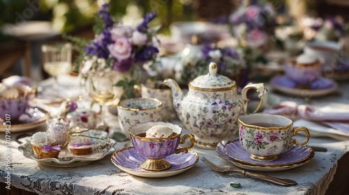 Garden tea party with mismatched vintage china (soft lavenders)