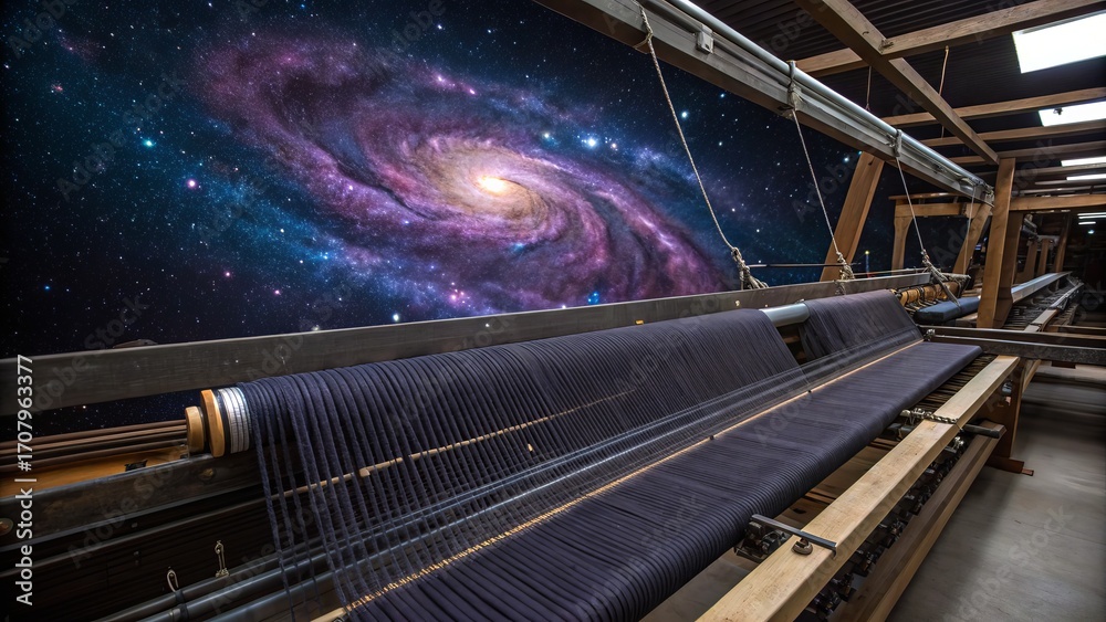 Fototapeta premium Weaving loom machine with galaxy background textile industry equipment manufacturing art